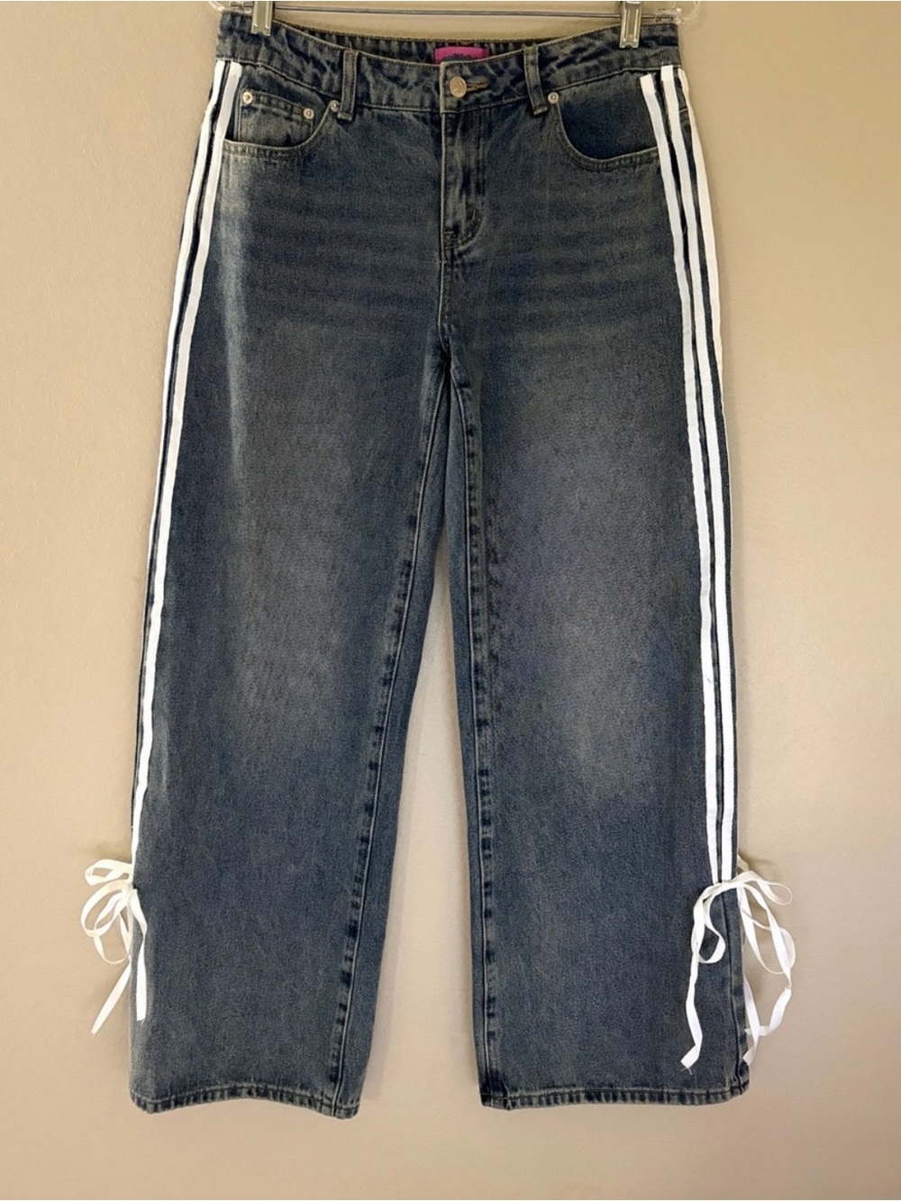 Edikted Wide Leg Ribbon Tie Side Stripe Jeans 100% Cotton Size M